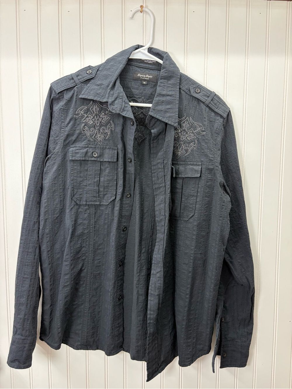 Eighty Eight platinum Y2K grunge streetwear Black Embroidered Button-Up Shirt
